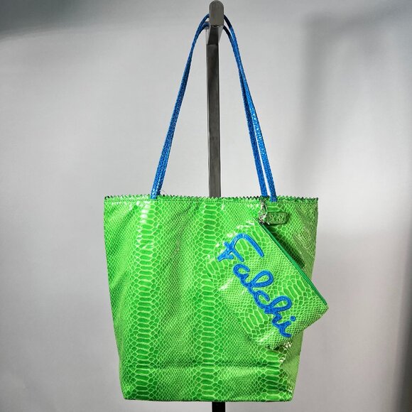 CARLOS FALCHI Fatto a Mano Vegan Python Tote & Pouch Green/Blue Handles NWT - Picture 1 of 6